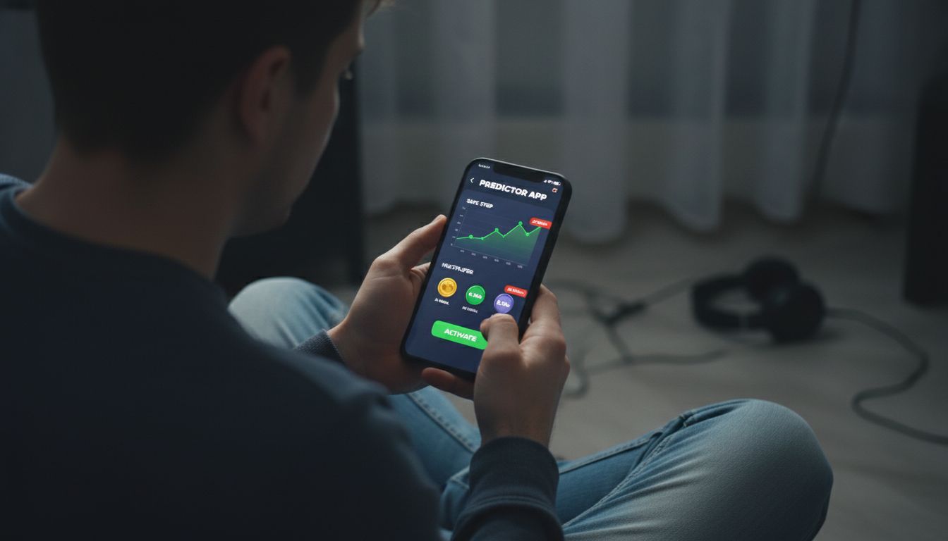  A user tempted by a flashy predictor app on their phone, with graphs and AI-signal badges