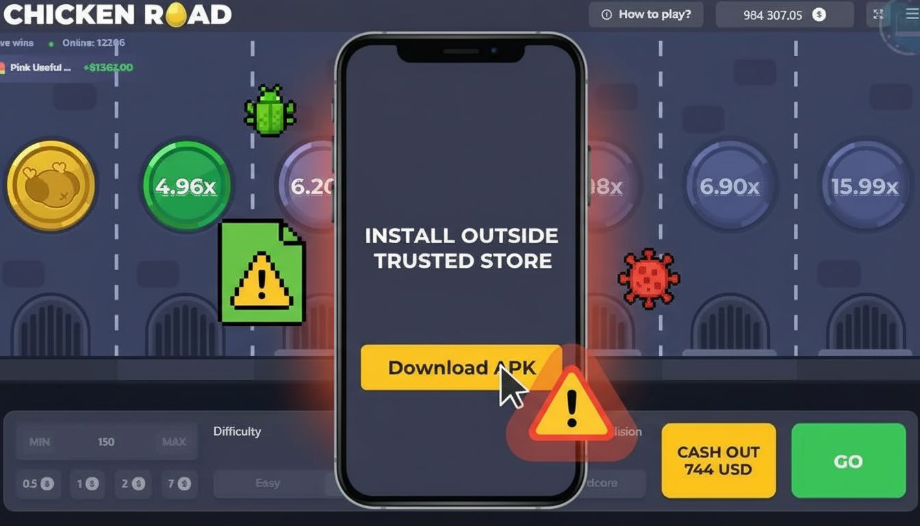  A dangerous APK download warning overlay with malware symbols